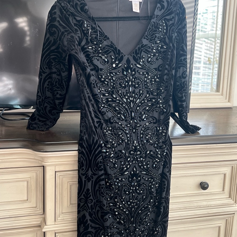 Cache Black Long Sleeve Dress with Velvet Patterns